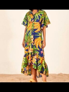 FARM Rio Banana Forest Midi Chemise Dress Size MEDIUM
